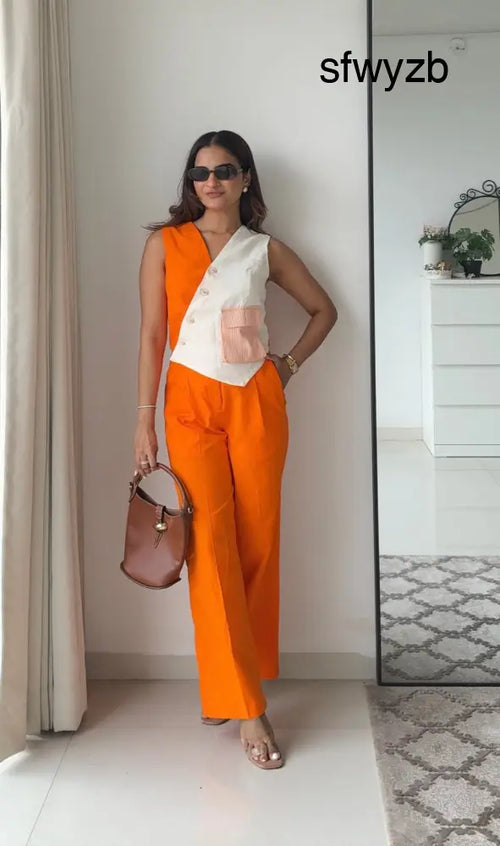Blossom Linen Pants and white Waistcoat Set - Clothing