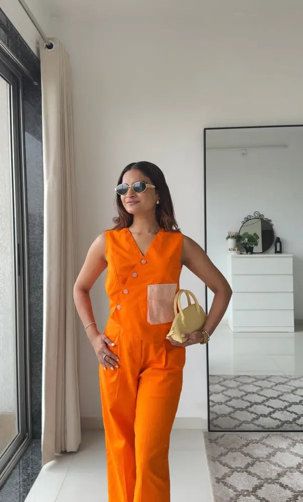 Blossom Orange Linen Pants and Waistcoat Set - Clothing