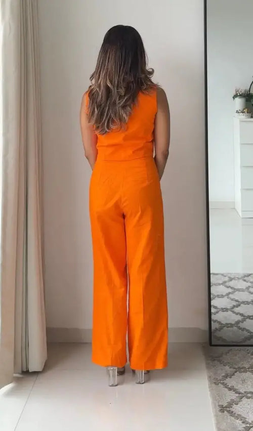 Blossom Orange Linen Pants and Waistcoat Set - Clothing