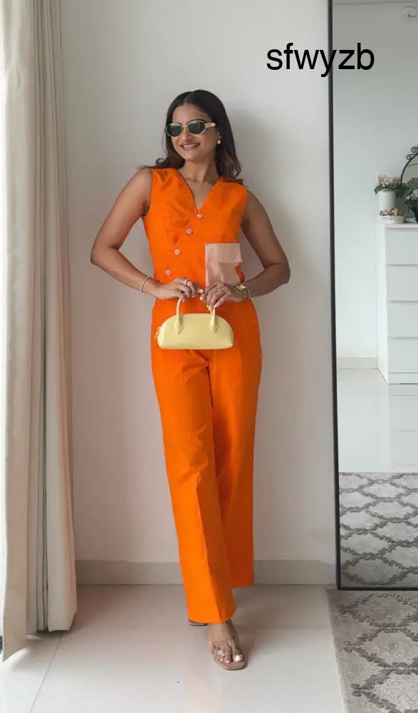 Blossom Orange Linen Pants and Waistcoat Set - Clothing
