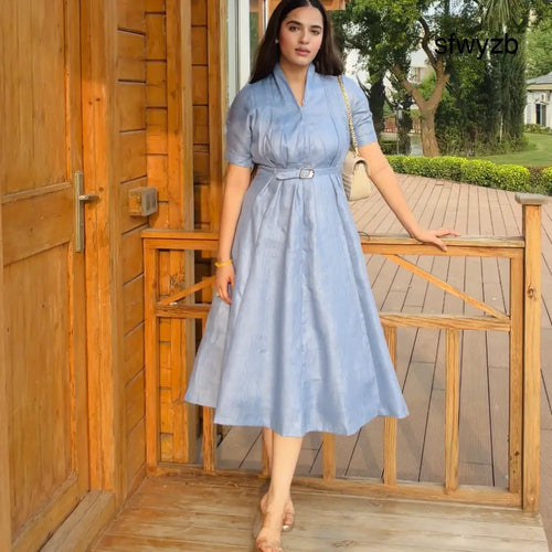 Blue Orchid Midi dress with belt - Clothing