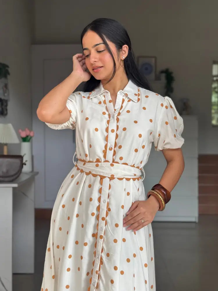Caramel Polka Midi Dress - Clothing