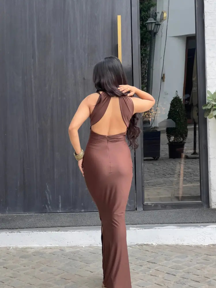 Chocolate Brown Backless Bodycon Dress - Clothing