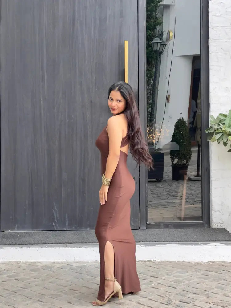 Chocolate Brown Backless Bodycon Dress - Clothing
