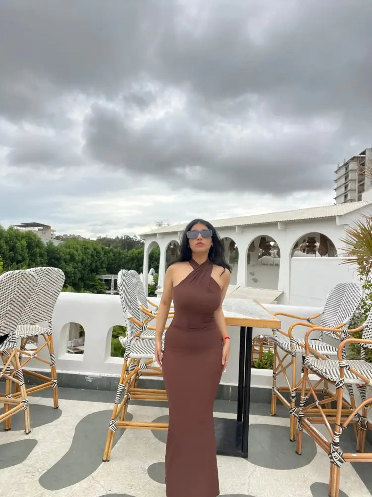 Chocolate Brown Backless Bodycon Dress - Clothing
