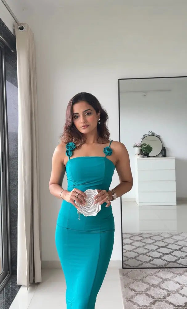 Elina Teal Bodycon Dress with Slit | Women’s Sleeveless Slim Fit Evening Dress - Clothing