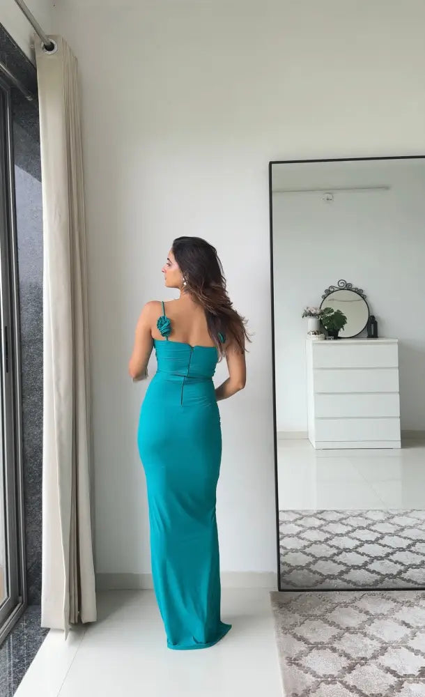 Elina Teal Bodycon Dress with Slit | Women’s Sleeveless Slim Fit Evening Dress - Clothing