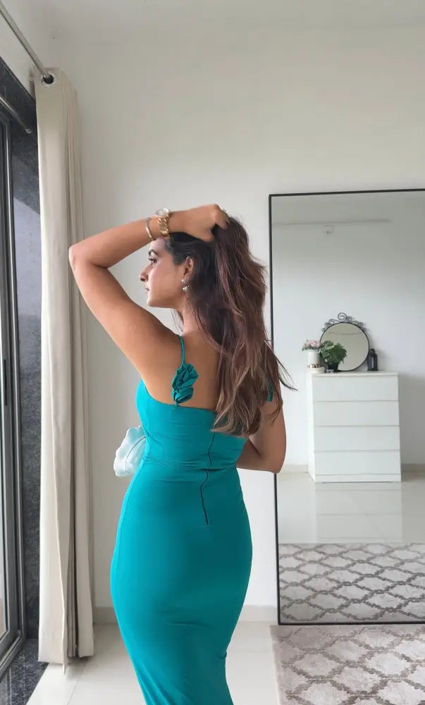 Elina Teal Bodycon Dress with Slit | Women’s Sleeveless Slim Fit Evening Dress - Clothing