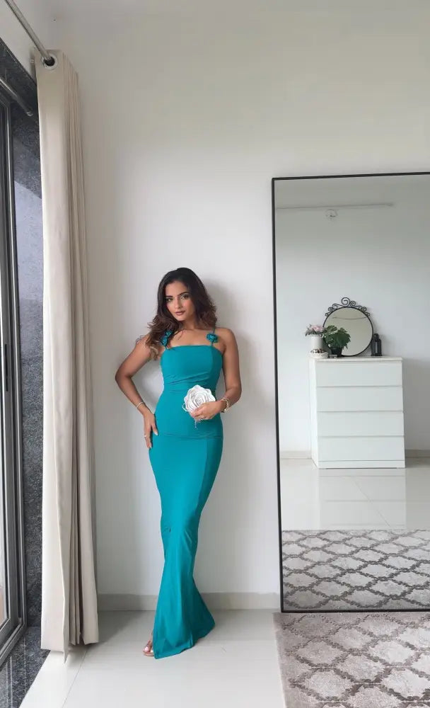 Elina Teal Bodycon Dress with Slit | Women’s Sleeveless Slim Fit Evening Dress - Clothing