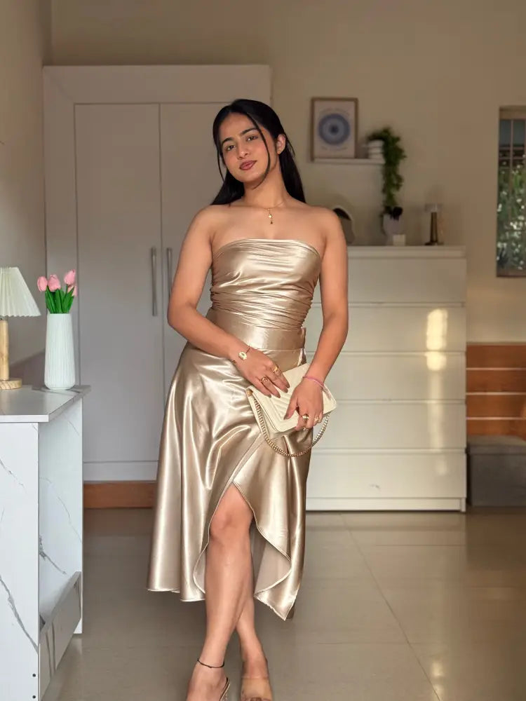 Golden Satin Co-ord Set for Women | Luxury Two-Piece Outfit – ScoopStyle - Clothing