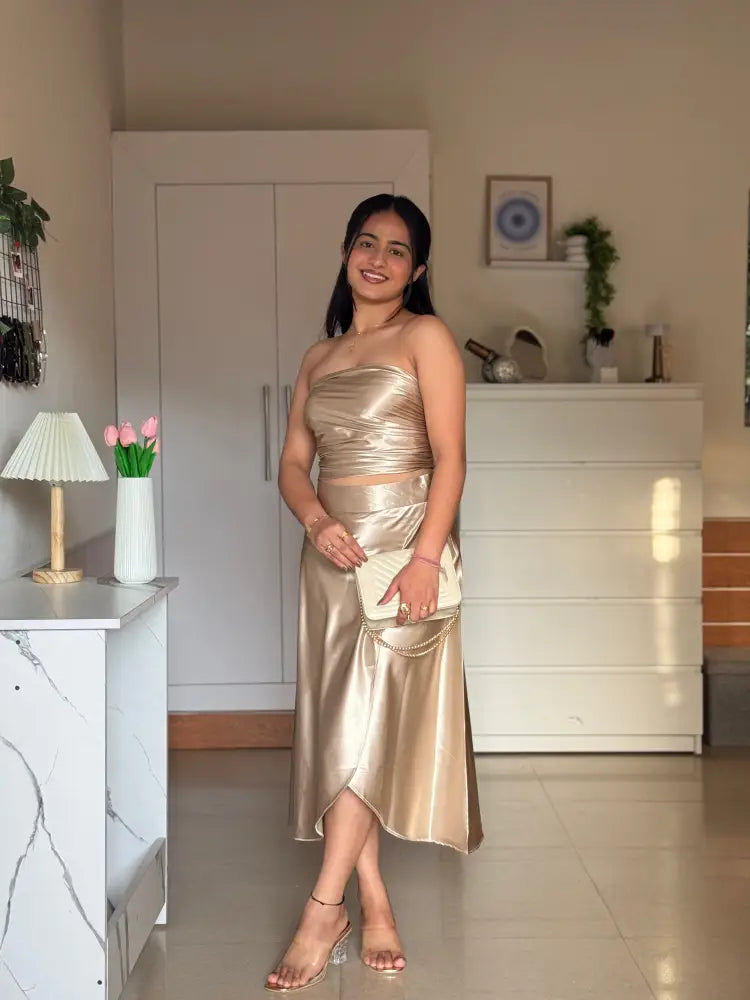 Golden Satin Co-ord Set for Women | Luxury Two-Piece Outfit – ScoopStyle - Clothing