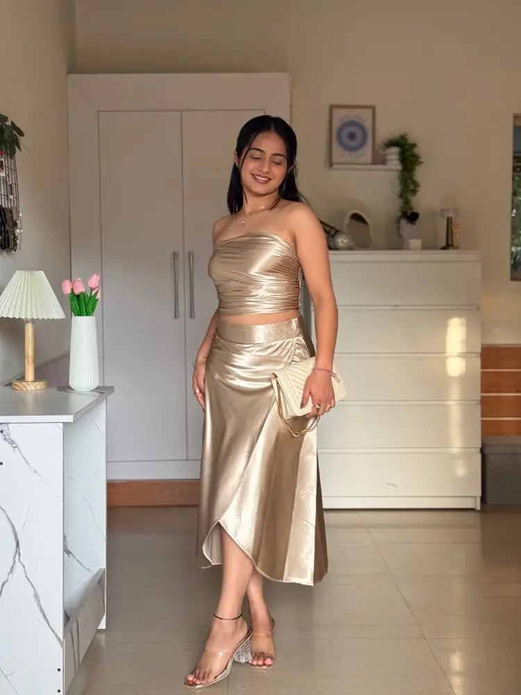 Golden Satin Co-ord Set for Women | Luxury Two-Piece Outfit – ScoopStyle - Clothing