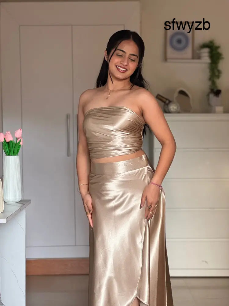 Golden Satin Co-ord Set for Women | Luxury Two-Piece Outfit – ScoopStyle - Clothing