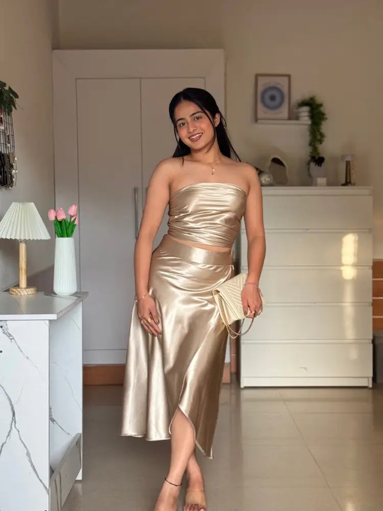 Golden Satin Co-ord Set for Women | Luxury Two-Piece Outfit – ScoopStyle - Clothing