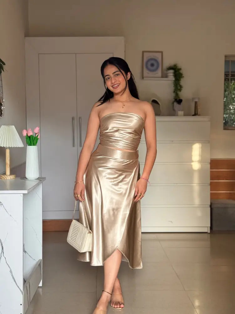 Golden Satin Co-ord Set for Women | Luxury Two-Piece Outfit – ScoopStyle - Clothing