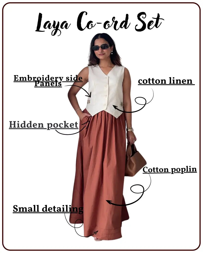 Laya Co-ord Set | Cotton Linen Waistcoat & Brown Cotton Poplin Maxi Skirt | Women’s Fusion Wear - Clothing