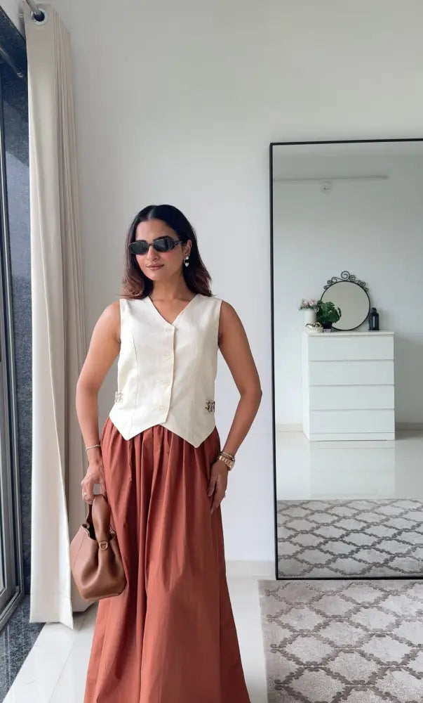 Laya Co-ord Set | Cotton Linen Waistcoat & Brown Cotton Poplin Maxi Skirt | Women’s Fusion Wear - Clothing