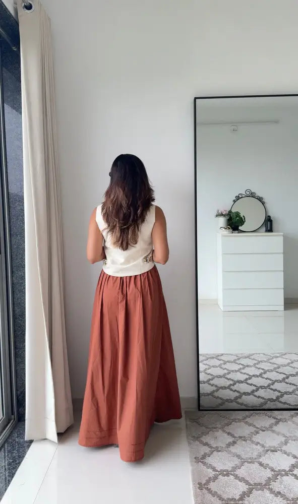 Laya Co-ord Set | Cotton Linen Waistcoat & Brown Cotton Poplin Maxi Skirt | Women’s Fusion Wear - Clothing