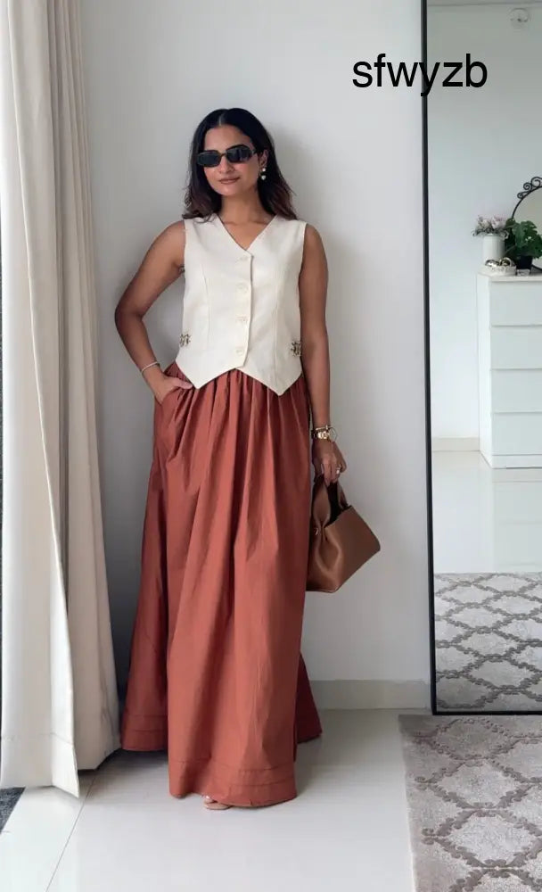 Laya Co-ord Set | Cotton Linen Waistcoat & Brown Cotton Poplin Maxi Skirt | Women’s Fusion Wear - Clothing