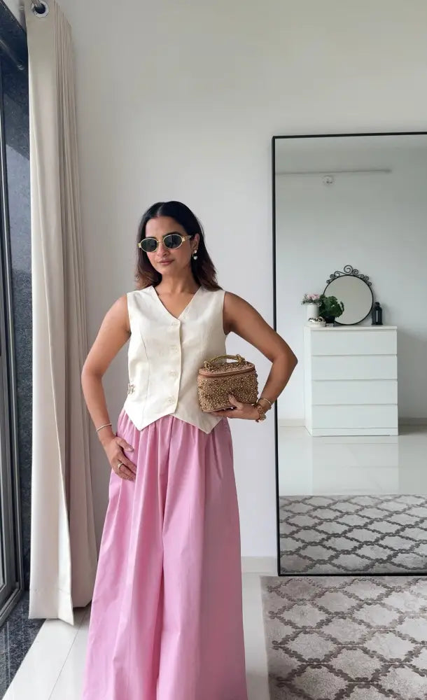 Laya Pink Co-ord Set | Linen Waistcoat & Pink Cotton Poplin Maxi Skirt | Women’s Fusion Wear - Clothing
