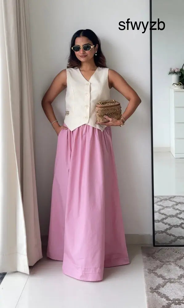 Laya Pink Co-ord Set | Linen Waistcoat & Pink Cotton Poplin Maxi Skirt | Women’s Fusion Wear - Clothing