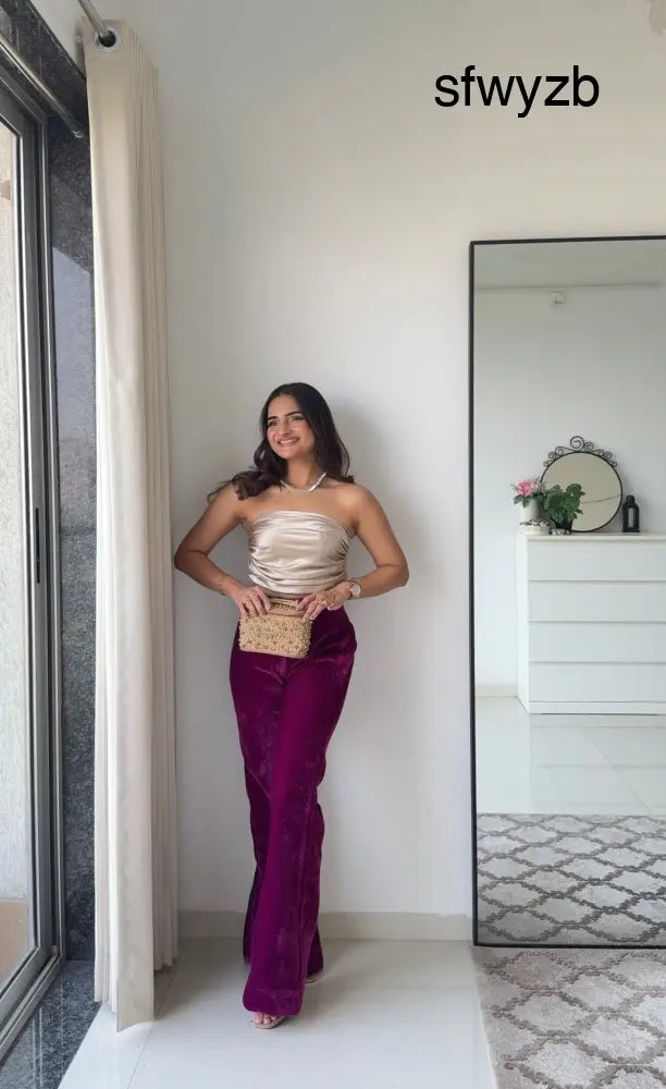 Midnight Muse Velvet High-Waist Pants & Satin Tube Top Co-ord Set - Clothing