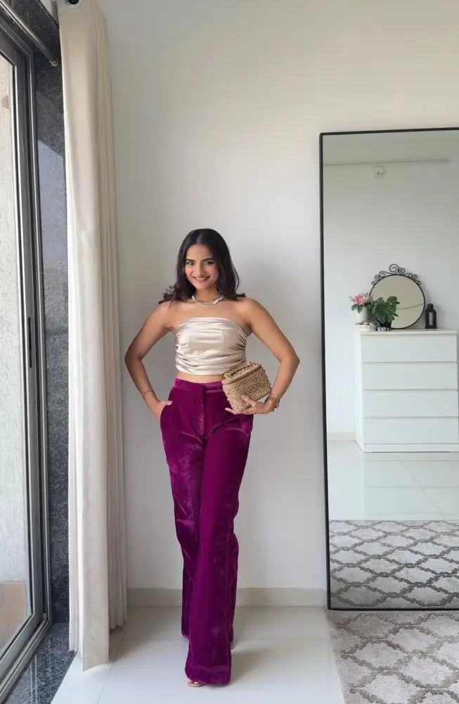 Midnight Muse Velvet High-Waist Pants & Satin Tube Top Co-ord Set - Clothing