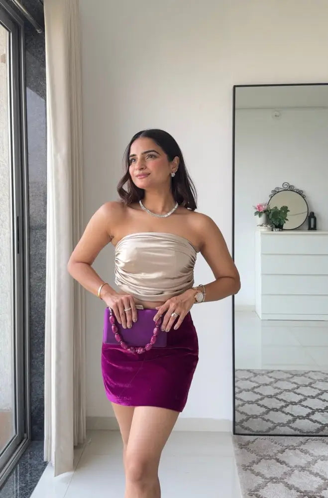 Midnight Muse Velvet Mini Skirt & Satin Tube Top Co-ord Set - Clothing