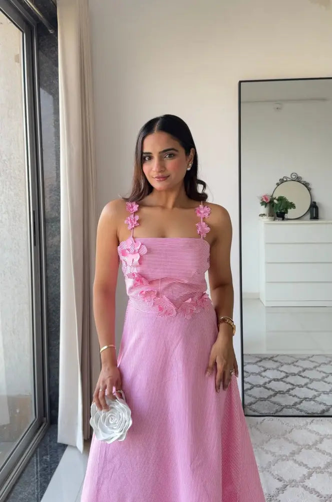 Pink Flower Dress with Bow Clip - Clothing