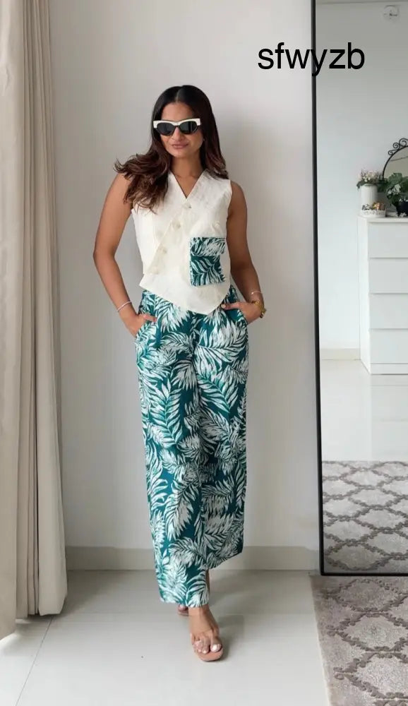 Rachel Floral Linen Pants and Off White Waistcoat Set - Clothing