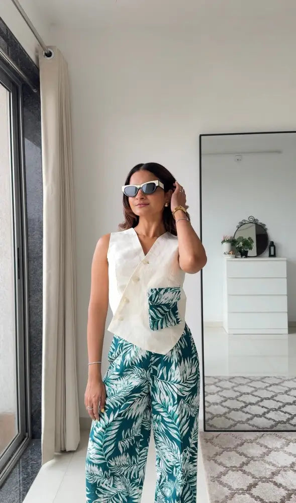 Rachel Floral Linen Pants and Off White Waistcoat Set - Clothing