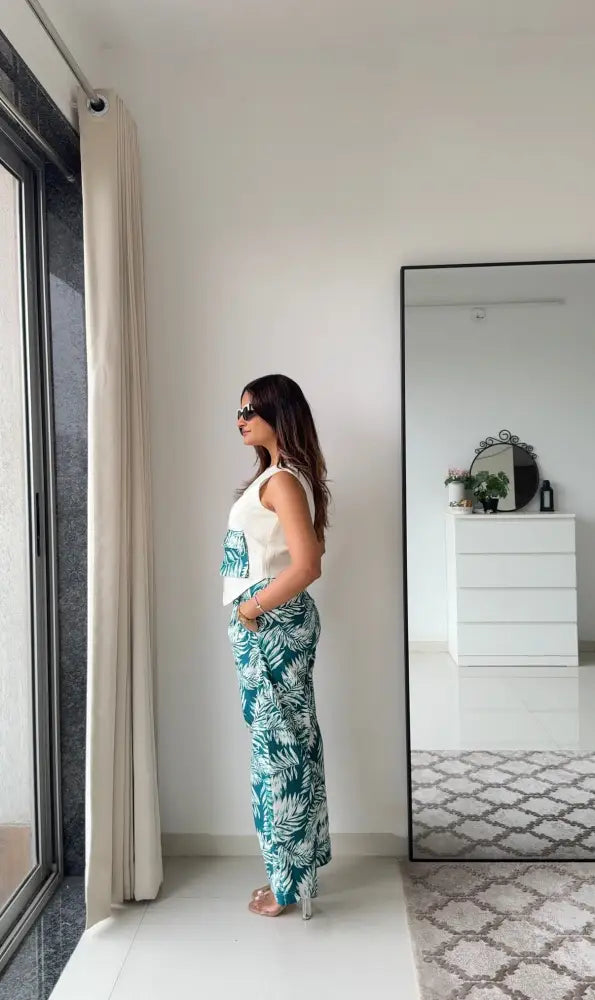 Rachel Floral Linen Pants and Off White Waistcoat Set - Clothing