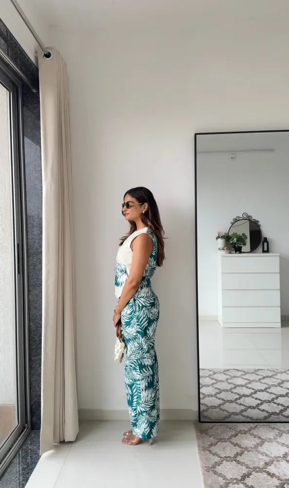 Rachel floral Linen pants with white green waistcoat - Clothing