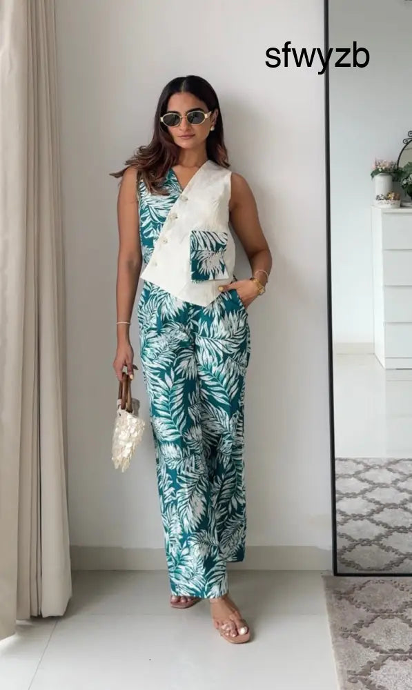 Rachel floral Linen pants with white green waistcoat - Clothing