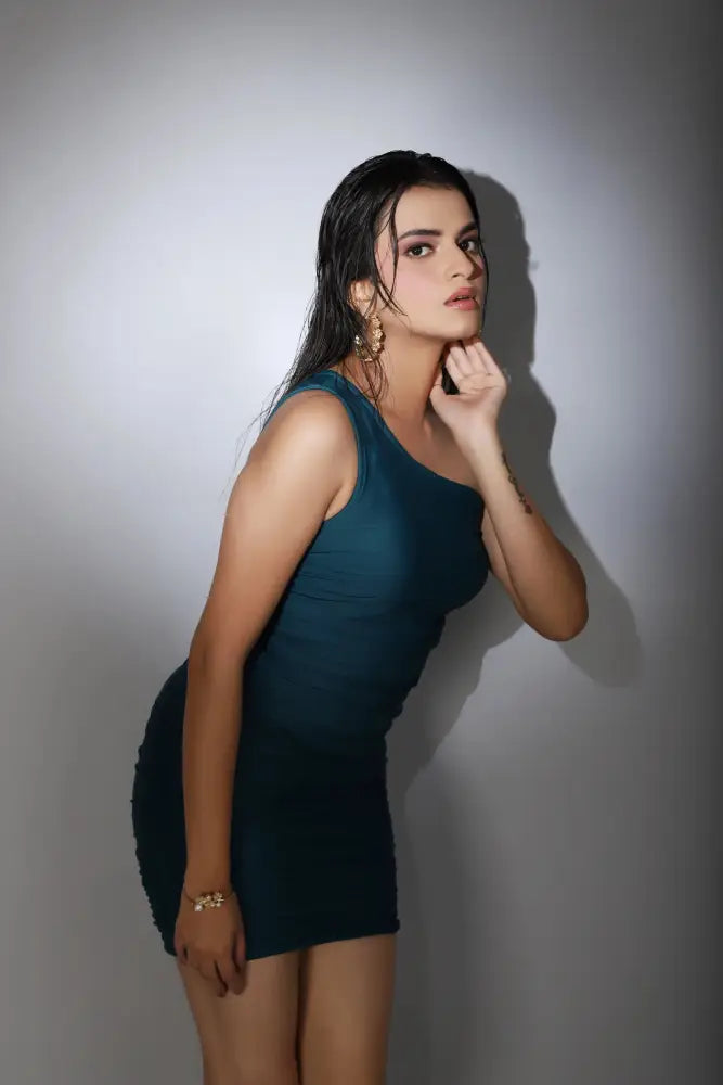 Ruched Teal Bodycon Dress - Clothing