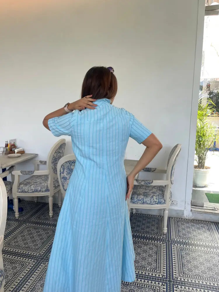 Sky Blue 3D Stripe Belted Midi Dress - Clothing