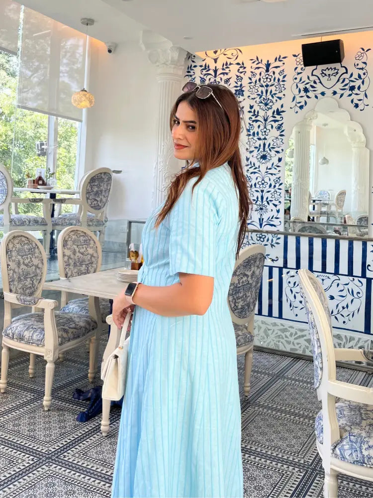 Sky Blue 3D Stripe Belted Midi Dress - Clothing