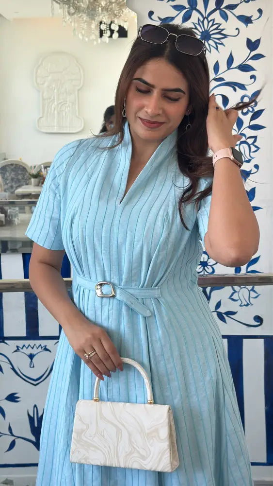 Sky Blue 3D Stripe Belted Midi Dress - Clothing