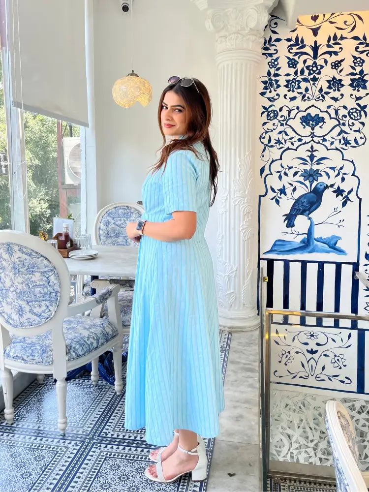 Sky Blue 3D Stripe Belted Midi Dress - Clothing