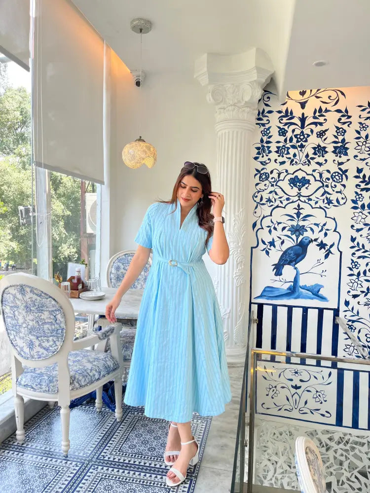 Sky Blue 3D Stripe Belted Midi Dress - Clothing