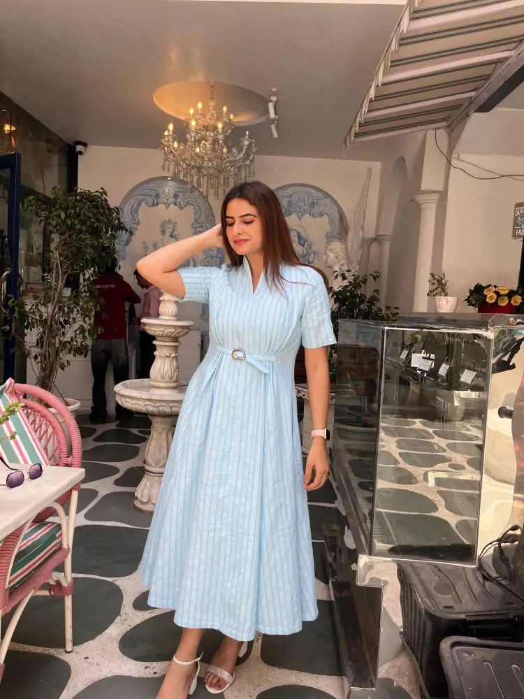 Sky Blue 3D Stripe Belted Midi Dress - Clothing