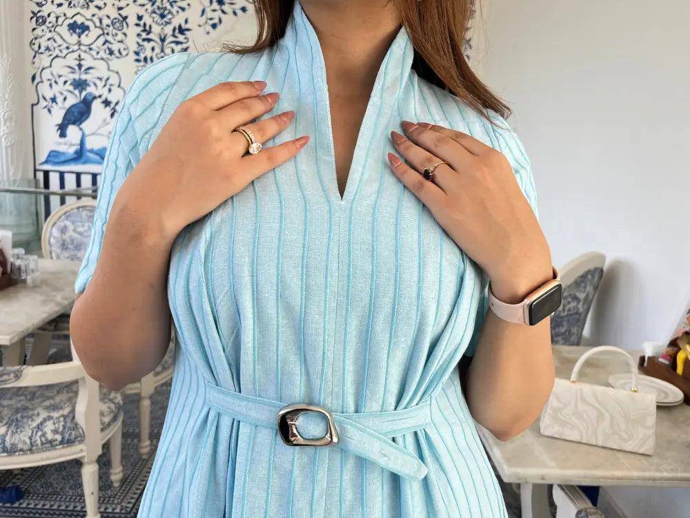 Sky Blue 3D Stripe Belted Midi Dress - Clothing
