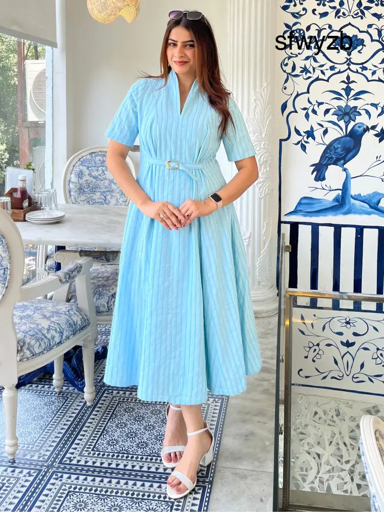 Sky Blue 3D Stripe Belted Midi Dress - Clothing