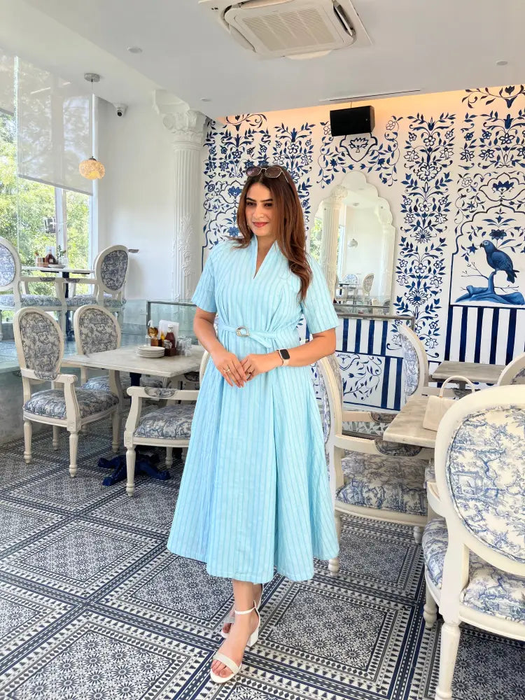 Sky Blue 3D Stripe Belted Midi Dress - Clothing