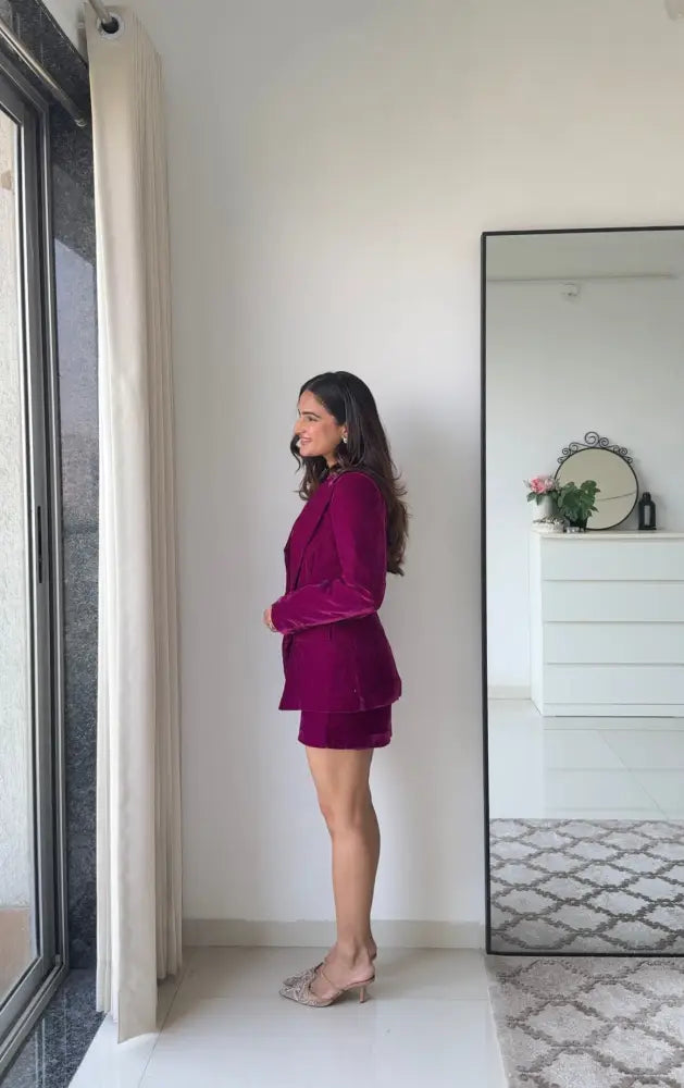 Wine Empress 3 Piece Velvet Blazer Set for Women – Premium Velvet Co-ord | Party & Festive Skirt Set - Clothing