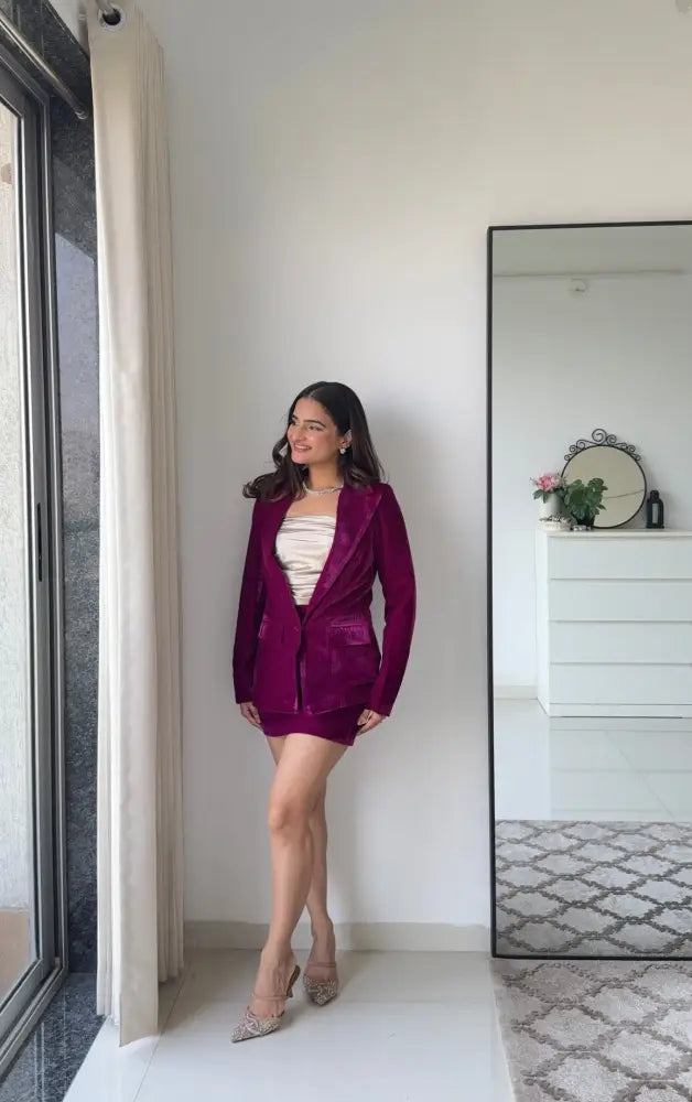 Wine Empress 3 Piece Velvet Blazer Set for Women – Premium Velvet Co-ord | Party & Festive Skirt Set - Clothing
