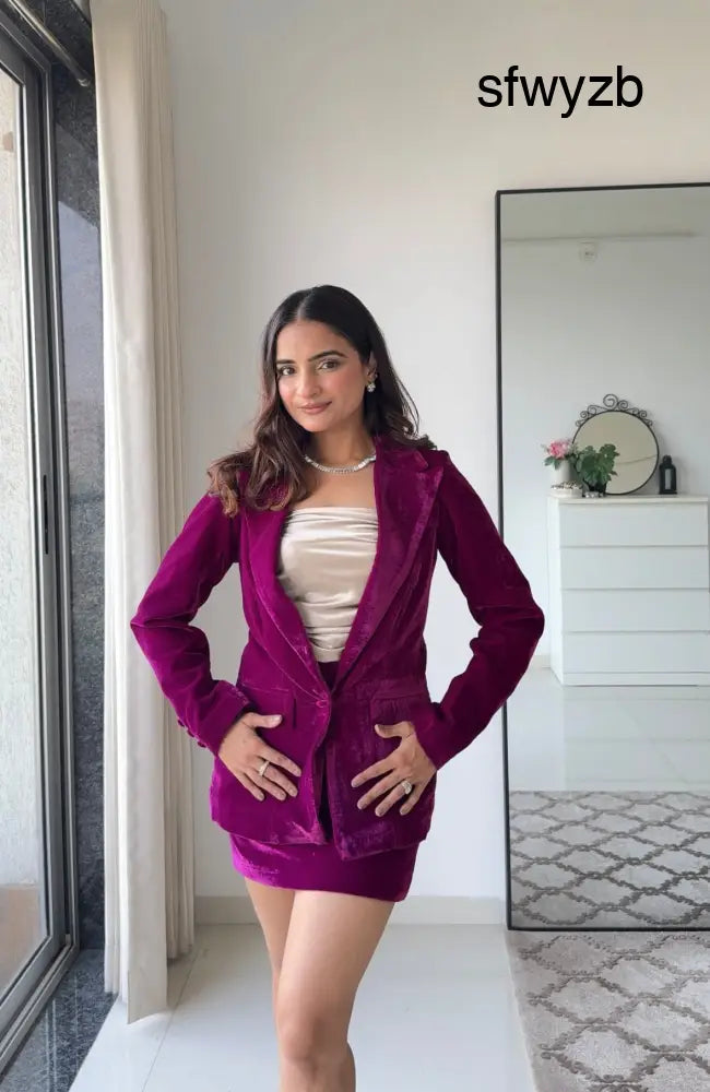 Wine Empress 3 Piece Velvet Blazer Set for Women – Premium Velvet Co-ord | Party & Festive Skirt Set - Clothing