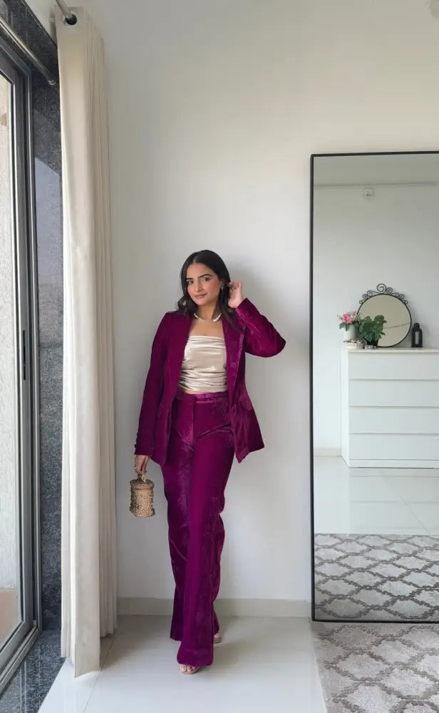 Wine Empress 3 Piece Velvet Blazer Set for Women – Premium Velvet Co-ord | Party & Festive Suit Set - Clothing