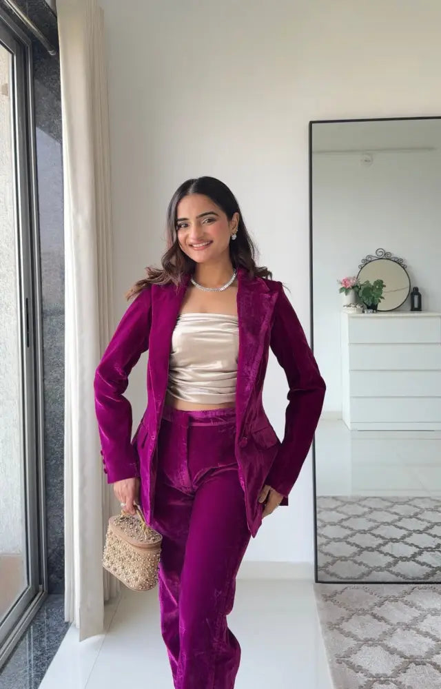 Wine Empress 3 Piece Velvet Blazer Set for Women – Premium Velvet Co-ord | Party & Festive Suit Set - Clothing