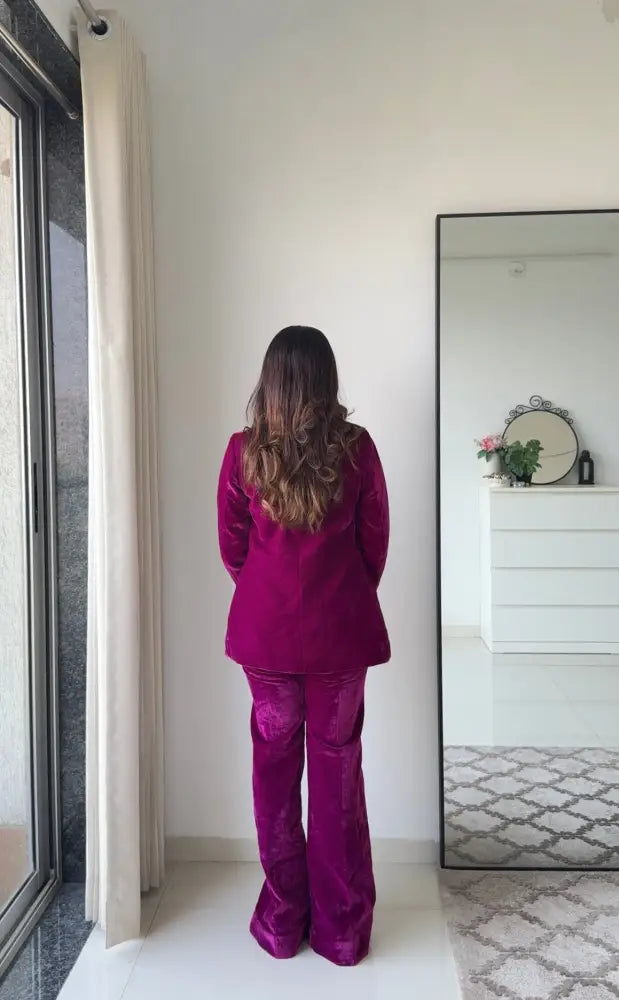 Wine Empress 3 Piece Velvet Blazer Set for Women – Premium Velvet Co-ord | Party & Festive Suit Set - Clothing